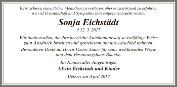 Traueranzeige von Sonja Eichstädt von Uelzen