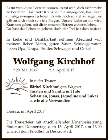 Traueranzeige von Wolfgang Kirchhof von Uelzen