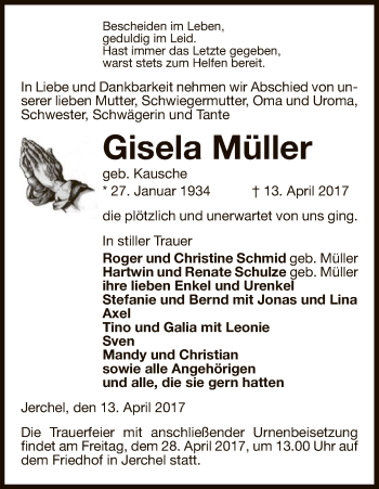 Traueranzeige von Gisela Müller von Uelzen