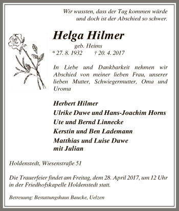 Traueranzeige von Helga Hilmer von Uelzen