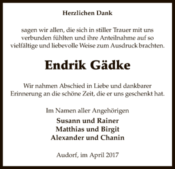 Traueranzeige von Endrik Gädke von Uelzen