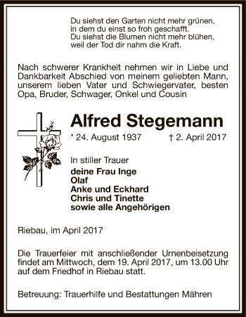 Traueranzeige von Alfred Stegemann von Uelzen