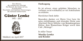 Traueranzeige von Günter Lemke von Uelzen