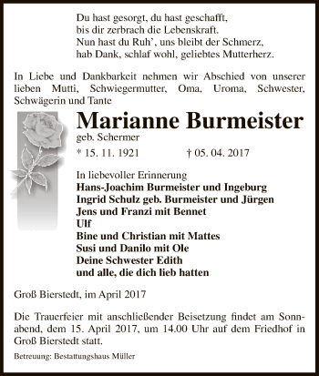 Traueranzeige von Marianne Burmeister von Uelzen