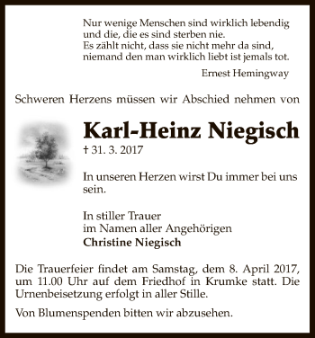 Traueranzeige von Karl-Heinz Niegisch von Uelzen