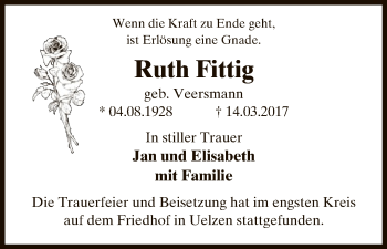 Traueranzeige von Ruth Fittig von Uelzen