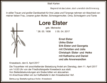 Traueranzeige von Lore Elster von Uelzen