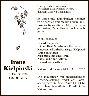 Traueranzeige von Irene Kielpinski von Uelzen