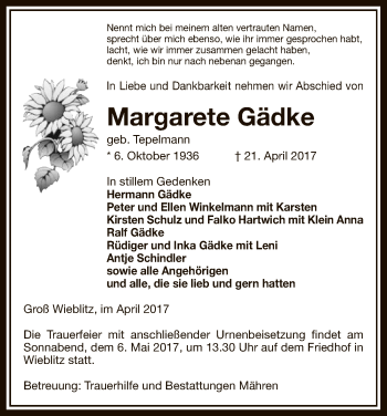 Traueranzeige von Margarete Gädke von Uelzen