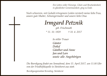 Traueranzeige von Irmgard Petznik von Uelzen