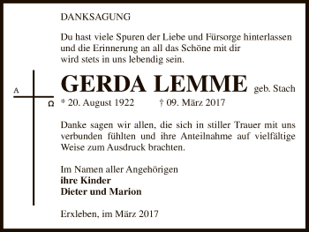 Traueranzeige von Gerda Lemme von Uelzen