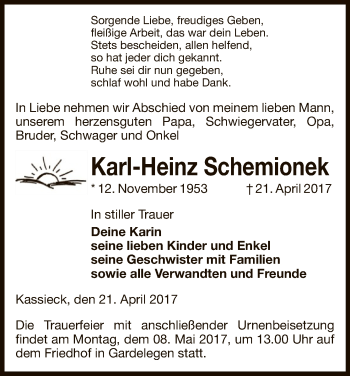 Traueranzeige von Karl-Heinz Schemionek von Uelzen