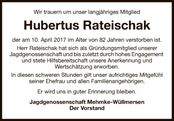 Traueranzeige von Hubertus Rateischak von Uelzen