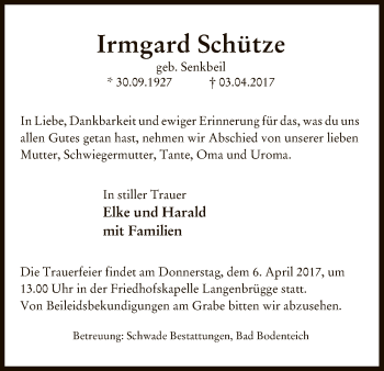 Traueranzeige von Irmgard Schütze von Uelzen