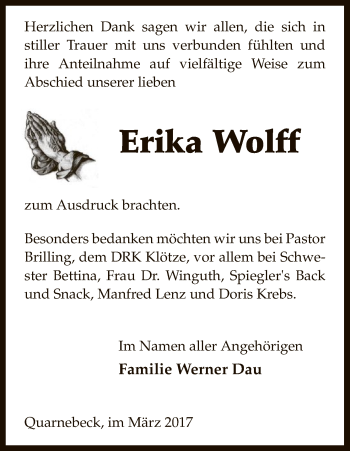 Traueranzeige von Erika Wolff von Uelzen