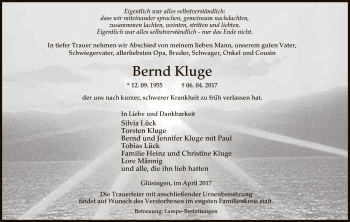 Traueranzeige von Bernd Kluge von Uelzen