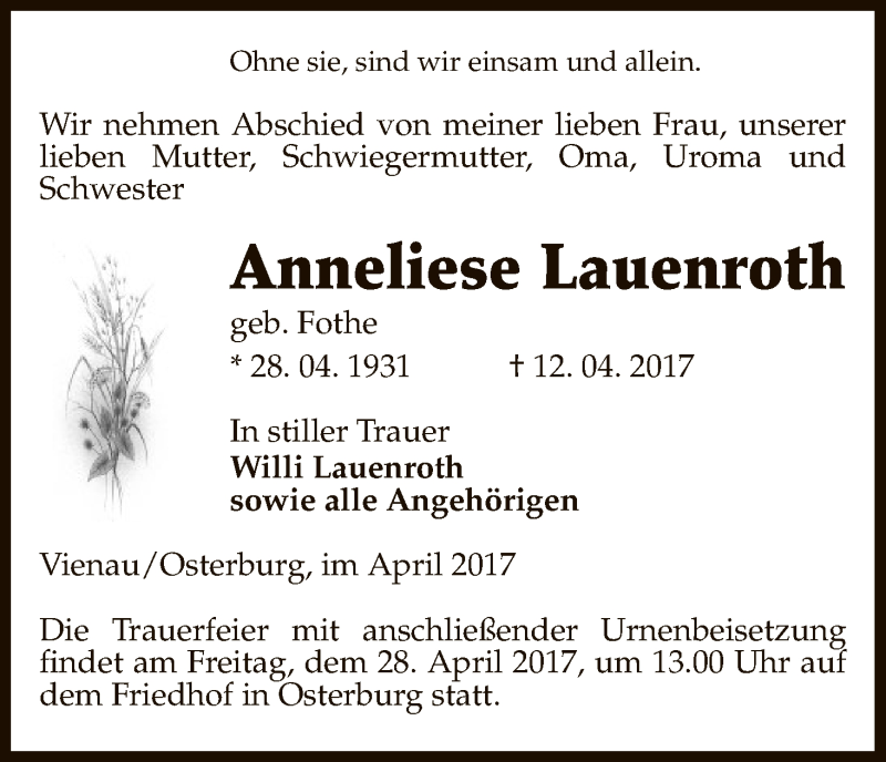  Traueranzeige für Anneliese Lauenroth vom 19.04.2017 aus Uelzen