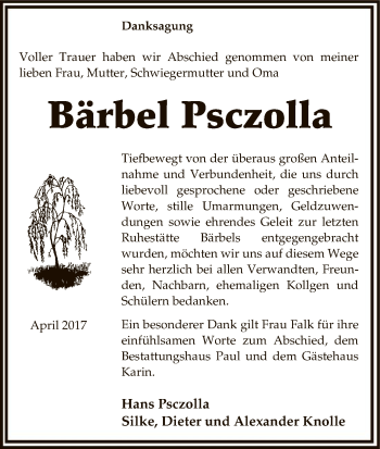 Traueranzeige von Bärbel Psczolla von Uelzen