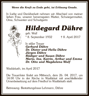 Traueranzeige von Hildegard Dähre von Uelzen