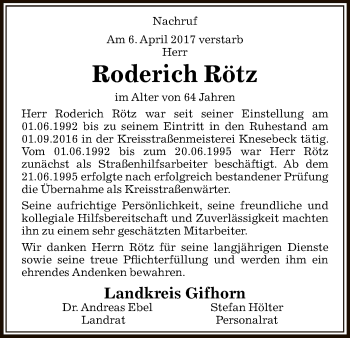 Traueranzeige von Roderich Rötz von Uelzen