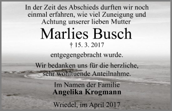 Traueranzeige von Marlies Busch von Uelzen