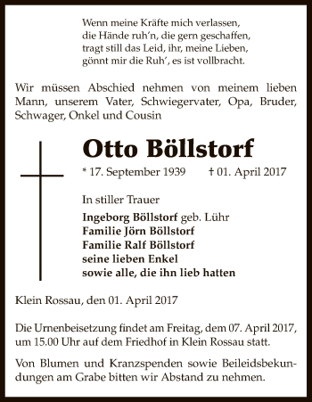 Traueranzeige von Otto Böllstorf von Uelzen