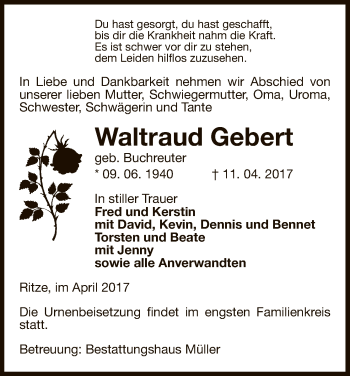 Traueranzeige von Waltraud Gebert von Uelzen