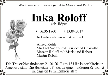 Traueranzeige von Inka Roloff von Uelzen