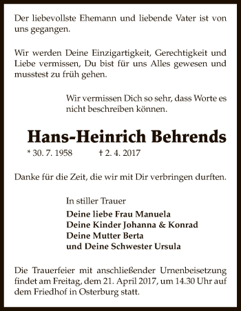 Traueranzeige von Hans-Heinrich Behrends von Uelzen