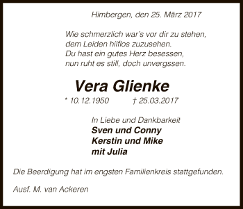 Traueranzeige von Vera Glienke von Uelzen