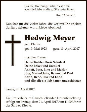 Traueranzeige von Hedwig Meyer von Uelzen