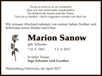 Traueranzeige von Marion Sanow von Uelzen