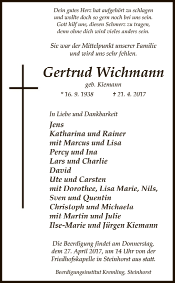 Traueranzeige von Gertrud Wichmann von Uelzen