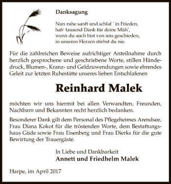 Traueranzeige von Reinhard Malek von Uelzen