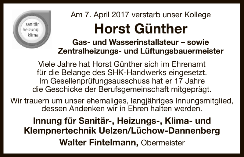  Traueranzeige für Horst Günther vom 12.04.2017 aus Uelzen