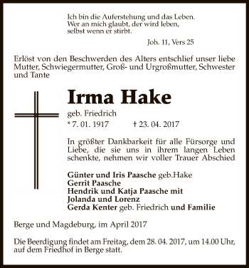 Traueranzeige von Irma Hake von Uelzen