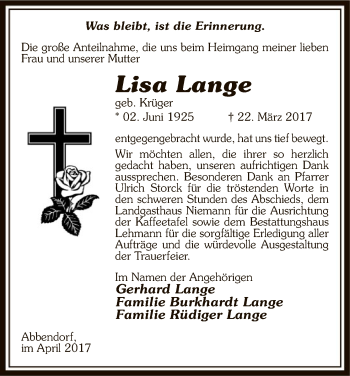 Traueranzeige von Lisa Lange von Uelzen