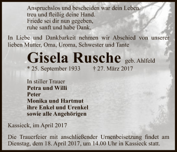 Traueranzeige von Gisela Rusche von Uelzen