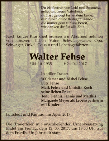 Traueranzeige von Walter Fehse von Uelzen