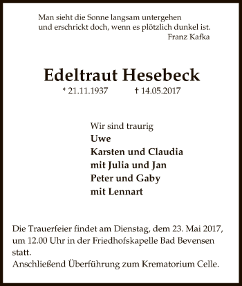 Traueranzeige von Edeltraut Hesebeck von Uelzen