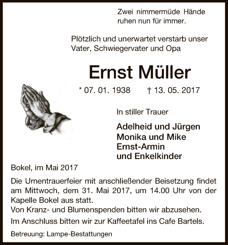  Traueranzeige für Ernst Müller vom 17.05.2017 aus Uelzen