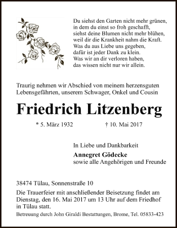 Traueranzeige von Friedrich Litzenberg von Uelzen