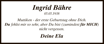 Traueranzeige von Ingrid Bähre von Uelzen