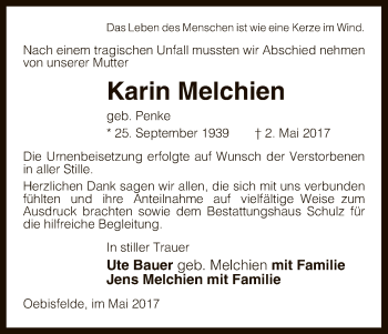 Traueranzeige von Karin Melchien von Uelzen