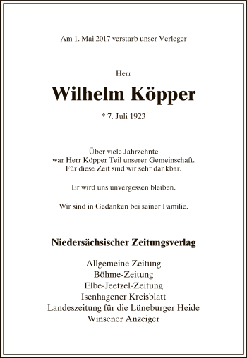 Traueranzeige von Wilhelm Köpper von Uelzen