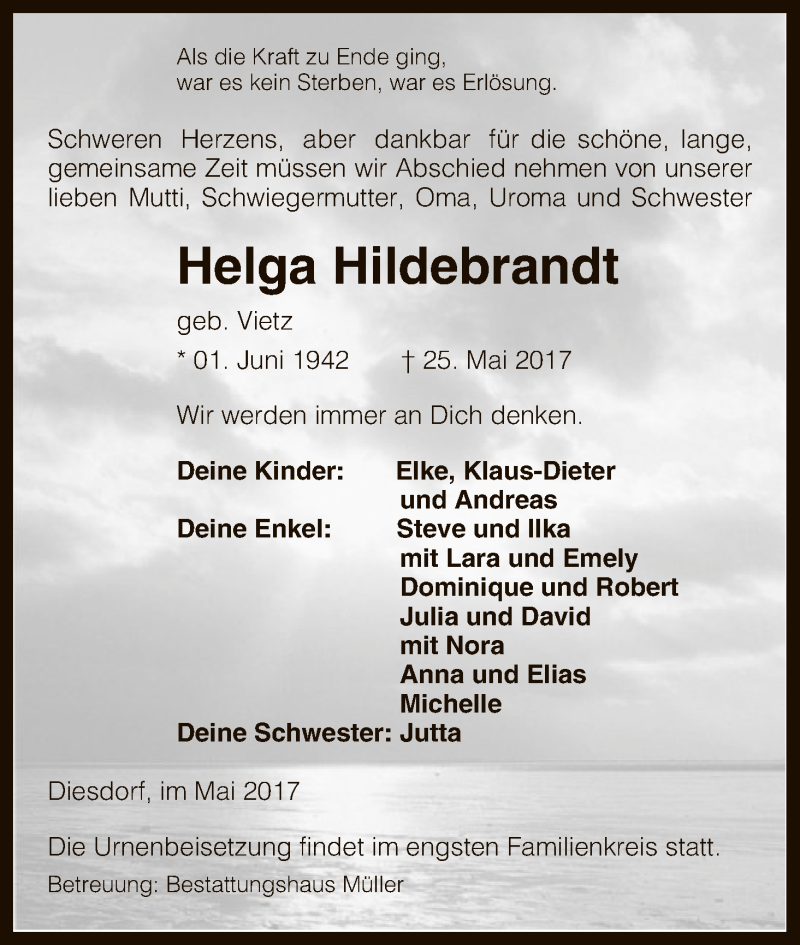  Traueranzeige für Helga Hildebrandt vom 27.05.2017 aus Uelzen