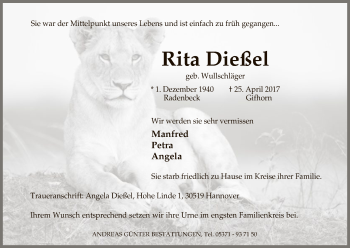 Traueranzeige von Rita Dießel von Uelzen