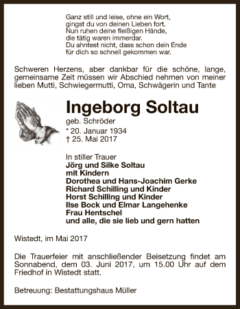 Traueranzeige von Ingeborg Soltau von Uelzen