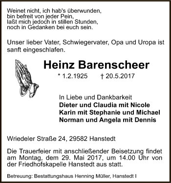 Traueranzeige von Heinz Barenscheer von Uelzen