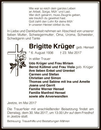 Traueranzeige von Brigitte Krüger von Uelzen